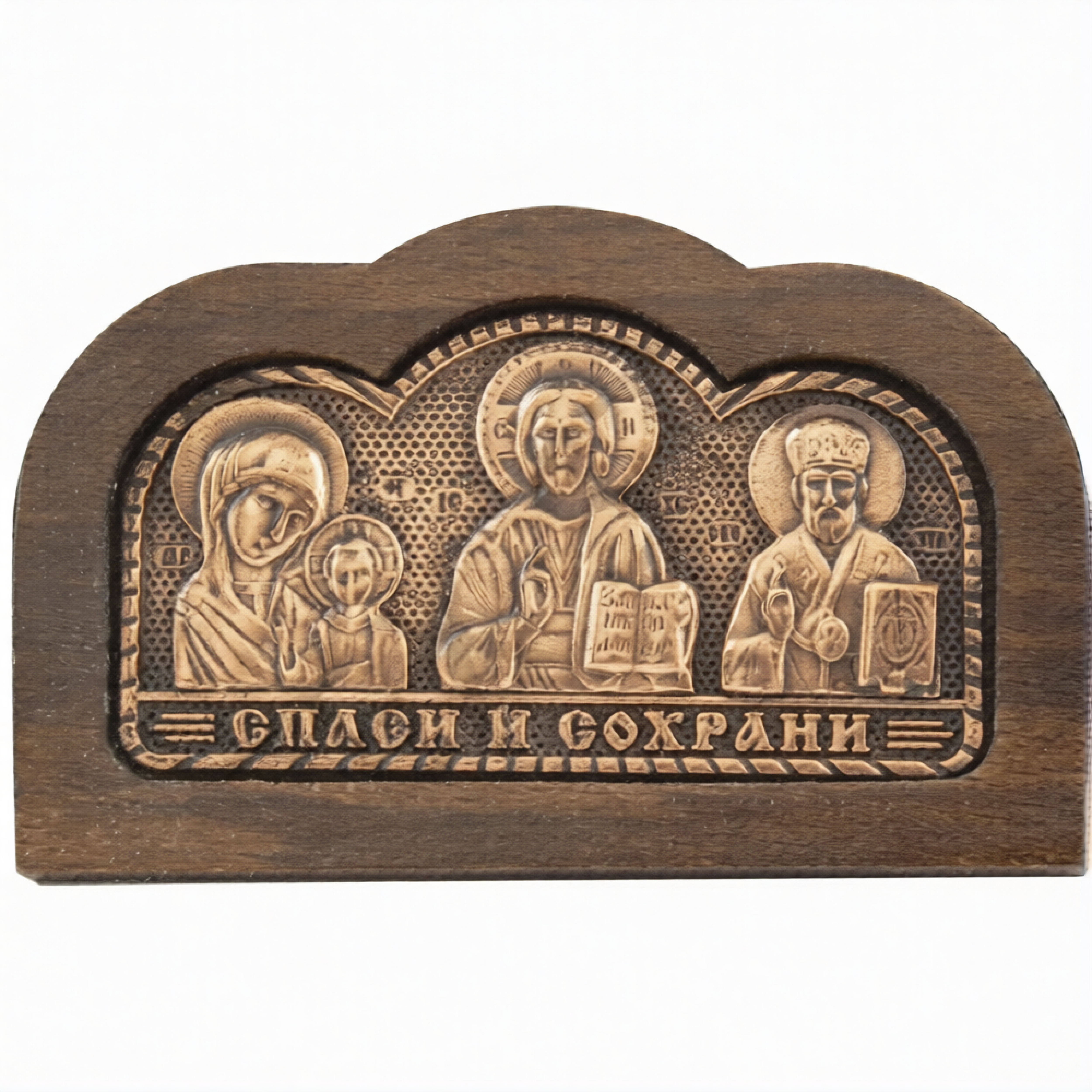 Автомобильный тройник «Спаситель, Казанская, Николай Чудотворец», дерево, медь, 4×6.5 см - фото