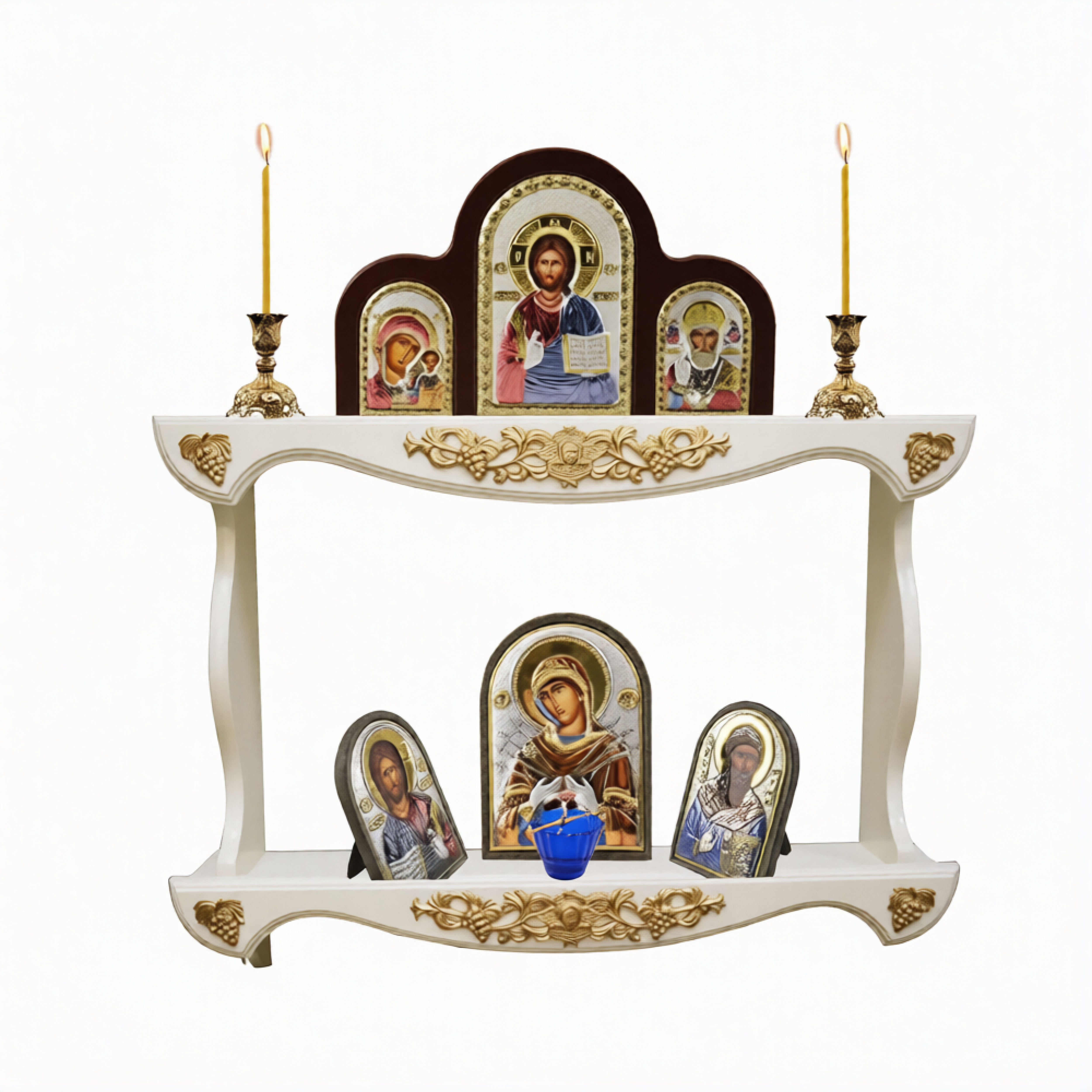 Полка для икон деревянная прямая, 2-х ярусная, резная, цвет белый, 10×60×33 см - фото