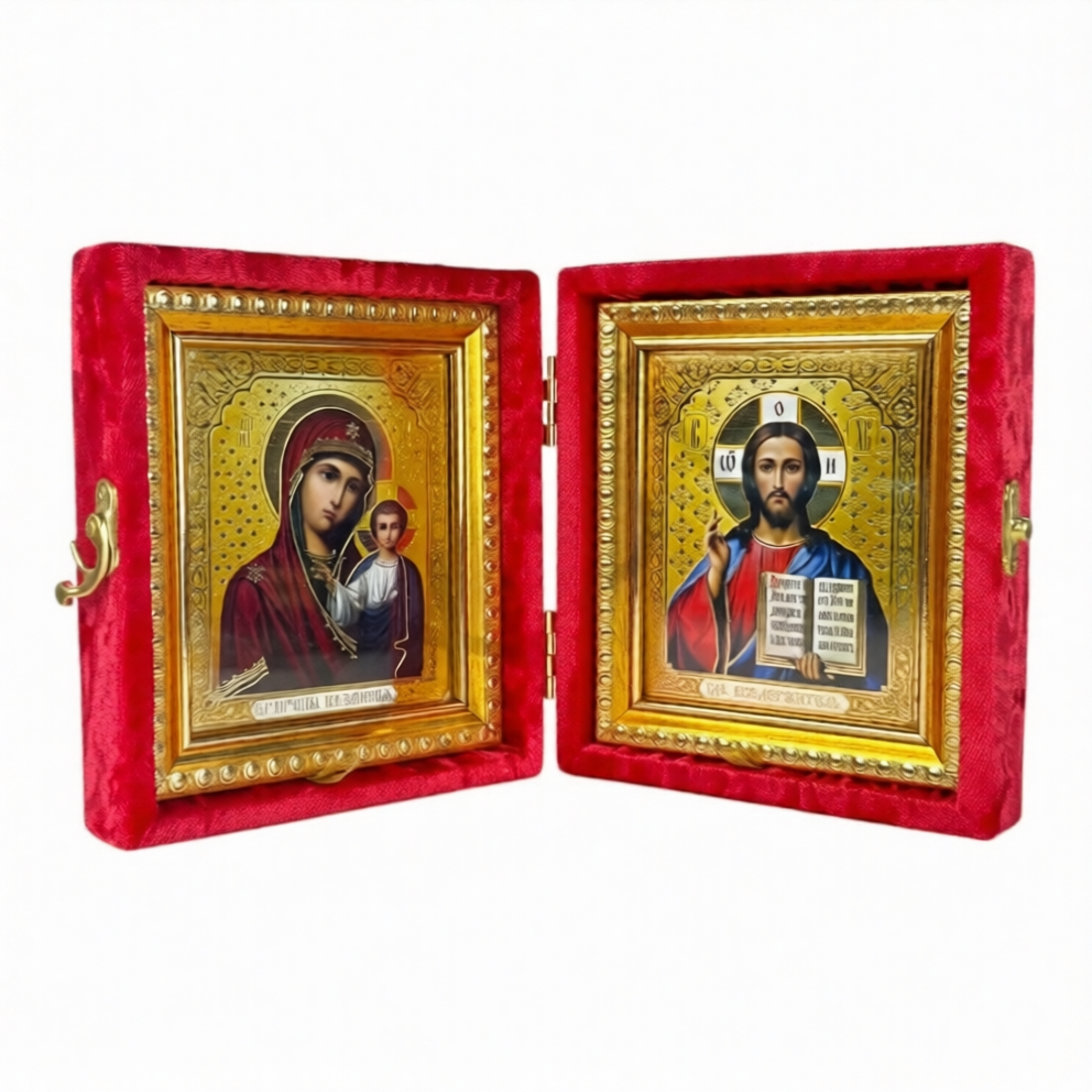 Складень «Спаситель - Казанская», красный, рамка багет, полиграфия, 10×12 см - фото