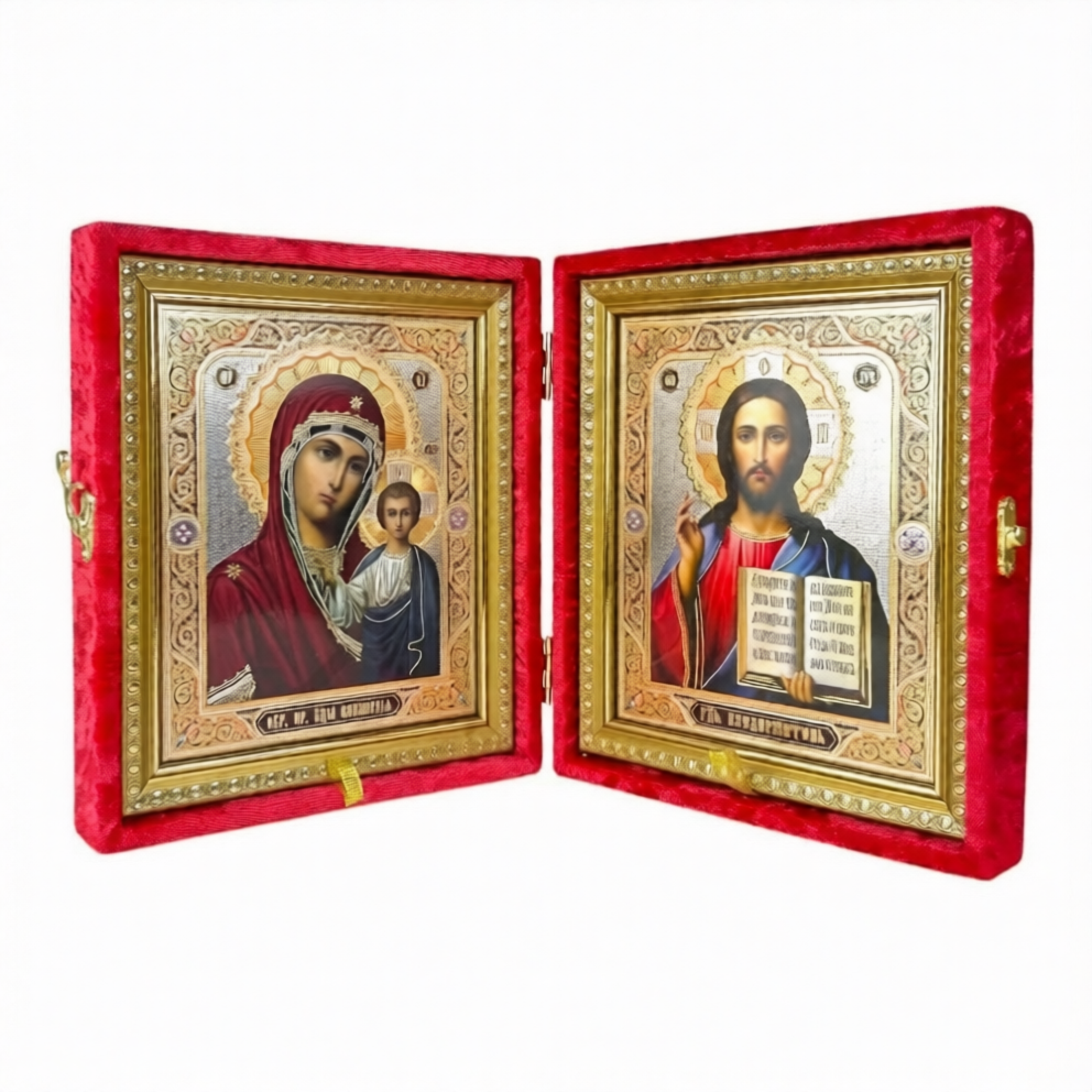Складень «Спаситель - Казанская», красный бархат, рамка багет, полиграфия, 15×18 см - фото