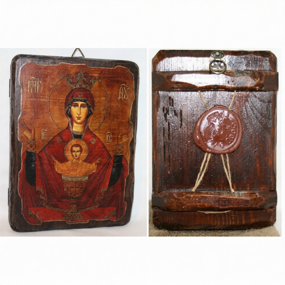 Икона «Неупиваемая Чаша», дерево под старину, печать краска, 12,5×16,5 см - фото