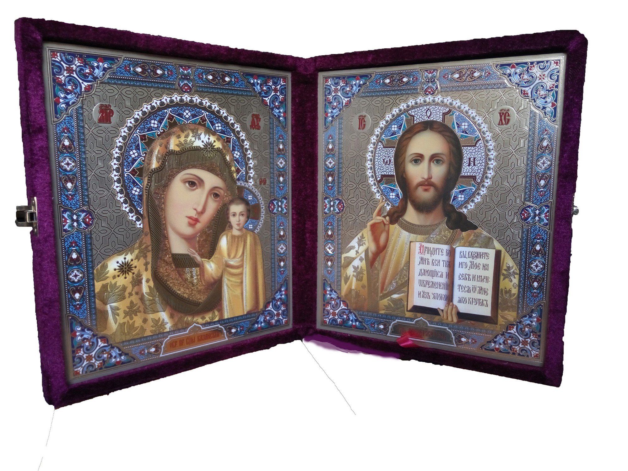 Складень бархатный, съёмный, с ликами "Казанская" икона Божией Матери и "Спаситель"