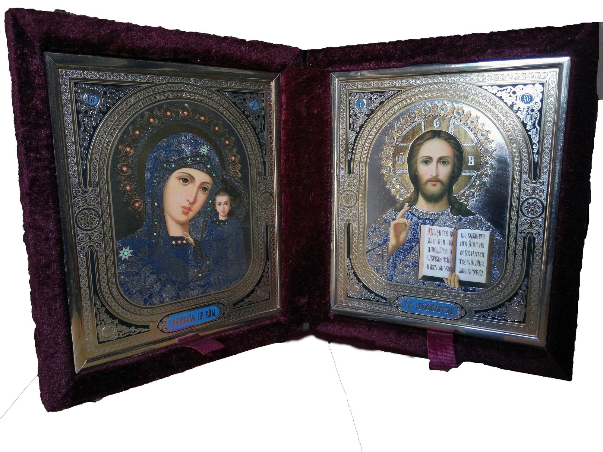 Складень бархатный, съёмный, с ликами "Казанская" икона Божией Матери и "Спаситель"