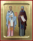 Ико­на свя­тых учи­телей Ки­рил­ла и Ме­фодия на де­реве