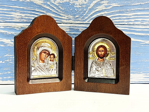 Складень "Спаситель-Казанская", рамка дерево, риза металл, напыление серебро и золото - фото