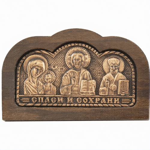 Автомобильный тройник «Спаситель, Казанская, Николай Чудотворец», дерево, медь, 4×6.5 см - фото