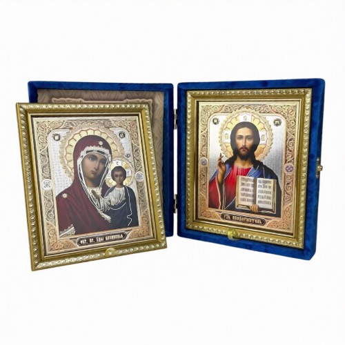 Складень «Спаситель - Казанская», синий бархат, рамка багет, полиграфия, 15×18 см - фото