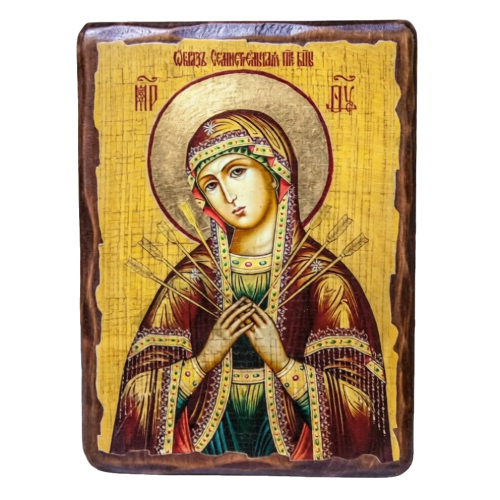 Икона «Семистрельная», дерево под старину, печать-краска, 17×23 см - фото