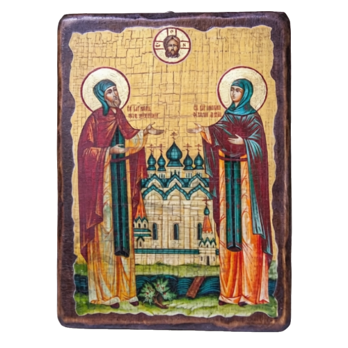 Икона «Пётр и Феврония», дерево под старину, печать краска, 12,5×16,5 см - фото