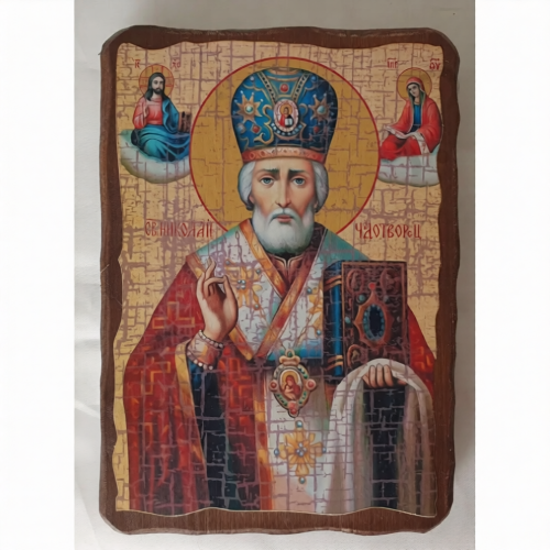 Икона «Николай Чудотворец», дерево под старину, печать краска, 12,5×16,5 см - фото