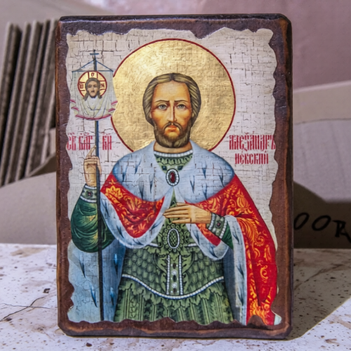 Икона «Александр Невский», дерево под старину, печать-краска, 12,5×16,5 см - фото