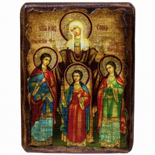 Икона «Вера, Надежда, Любовь и София» дерево под старину, печать-краска, 12,5×16,5 см - фото